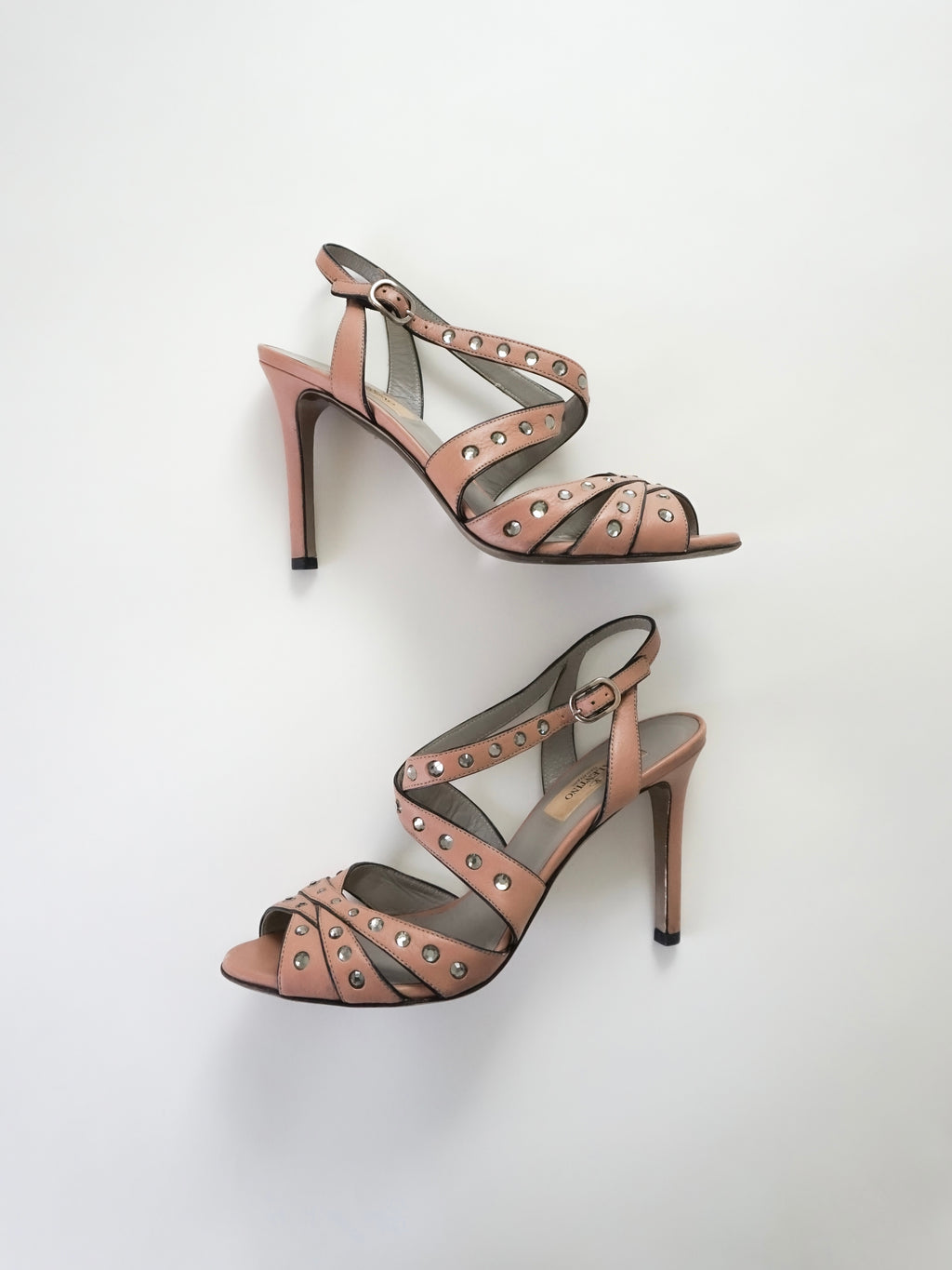 Valentino Garavani Blush Pink Crystal Rhinestones Leather Strappy Slingback Peep-Toe High Heels (US 6.5 / US 7)