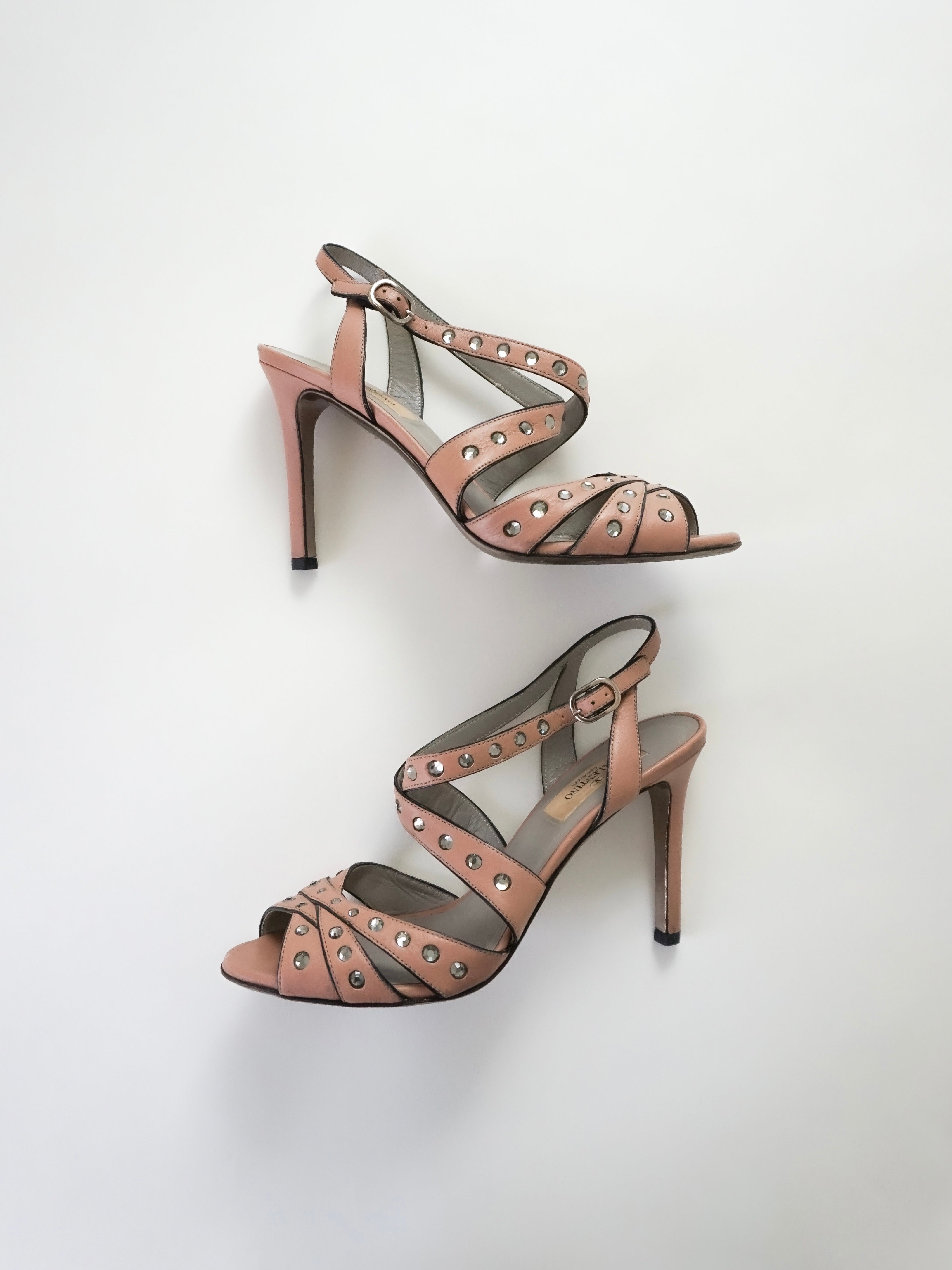 Valentino Garavani Blush Pink Crystal Rhinestones Leather Strappy Slingback Peep-Toe High Heels (US 6.5 / US 7)