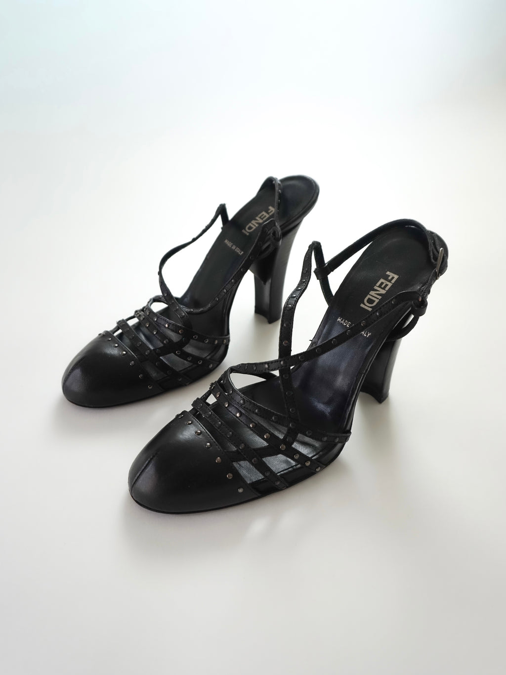 Fendi Black Leather Studded Strappy Slingback Round Closed-Toe Block High Heels (US 5.5 / US 6)