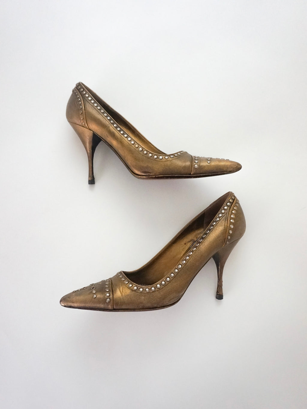 Vintage Prada Brown Bronze Gold Silver Studded Leather Pointed Toe High Heels (US 7)