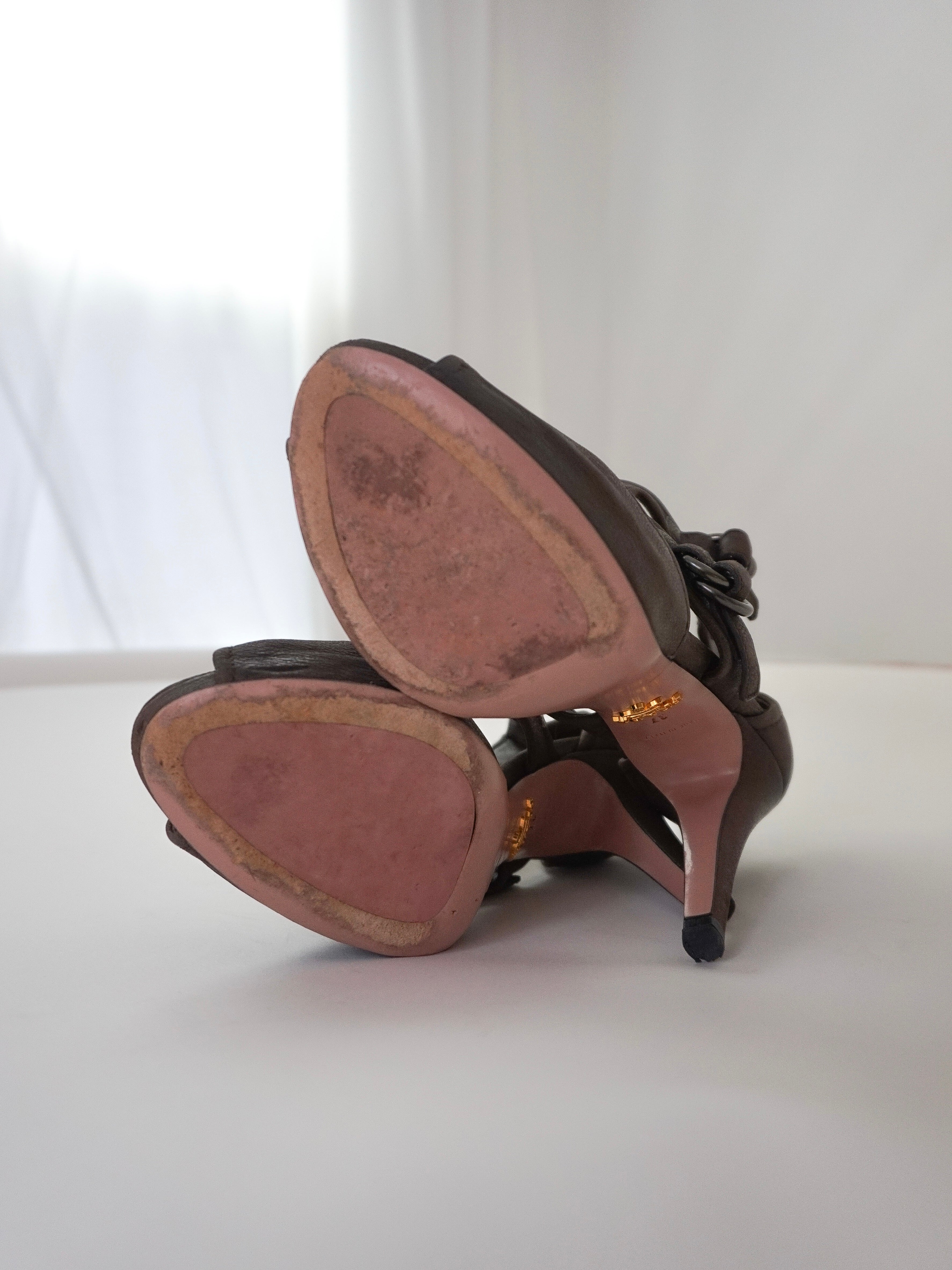 Prada Dark Brown T-Strap Buckle Leather Zip-Up Peep-Toe High Heels (US 6.5 / US 7)