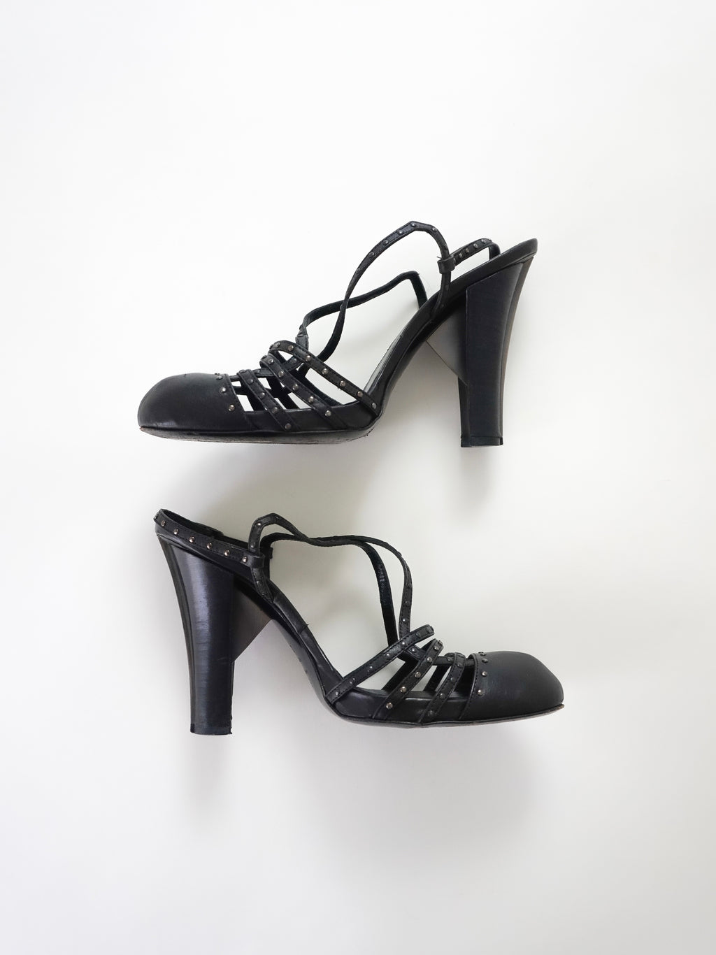 Fendi Black Leather Studded Strappy Slingback Round Closed-Toe Block High Heels (US 5.5 / US 6)