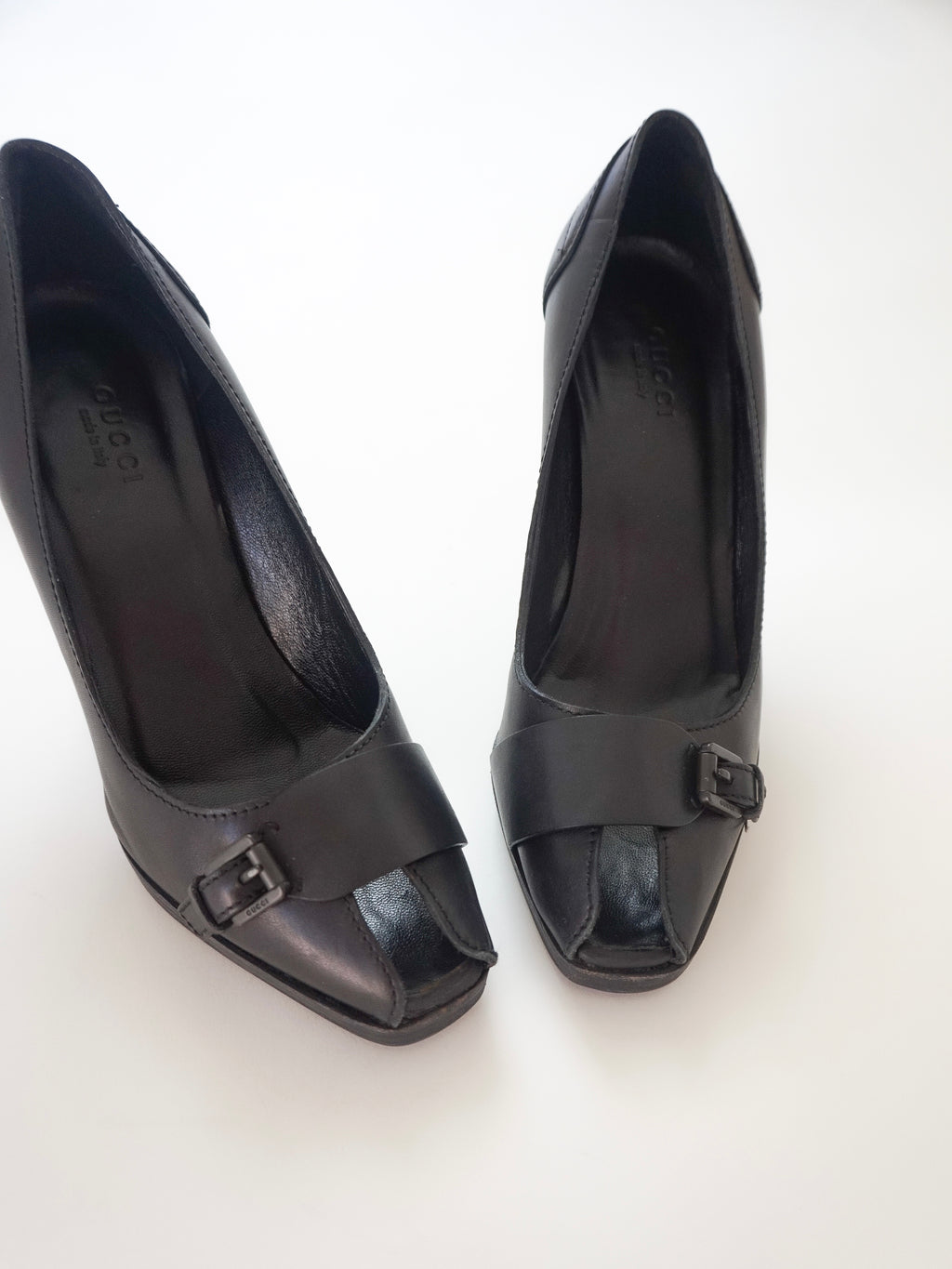 Gucci Black Leather Buckle Silver Heel Peep-Toe High Heels (US 6)