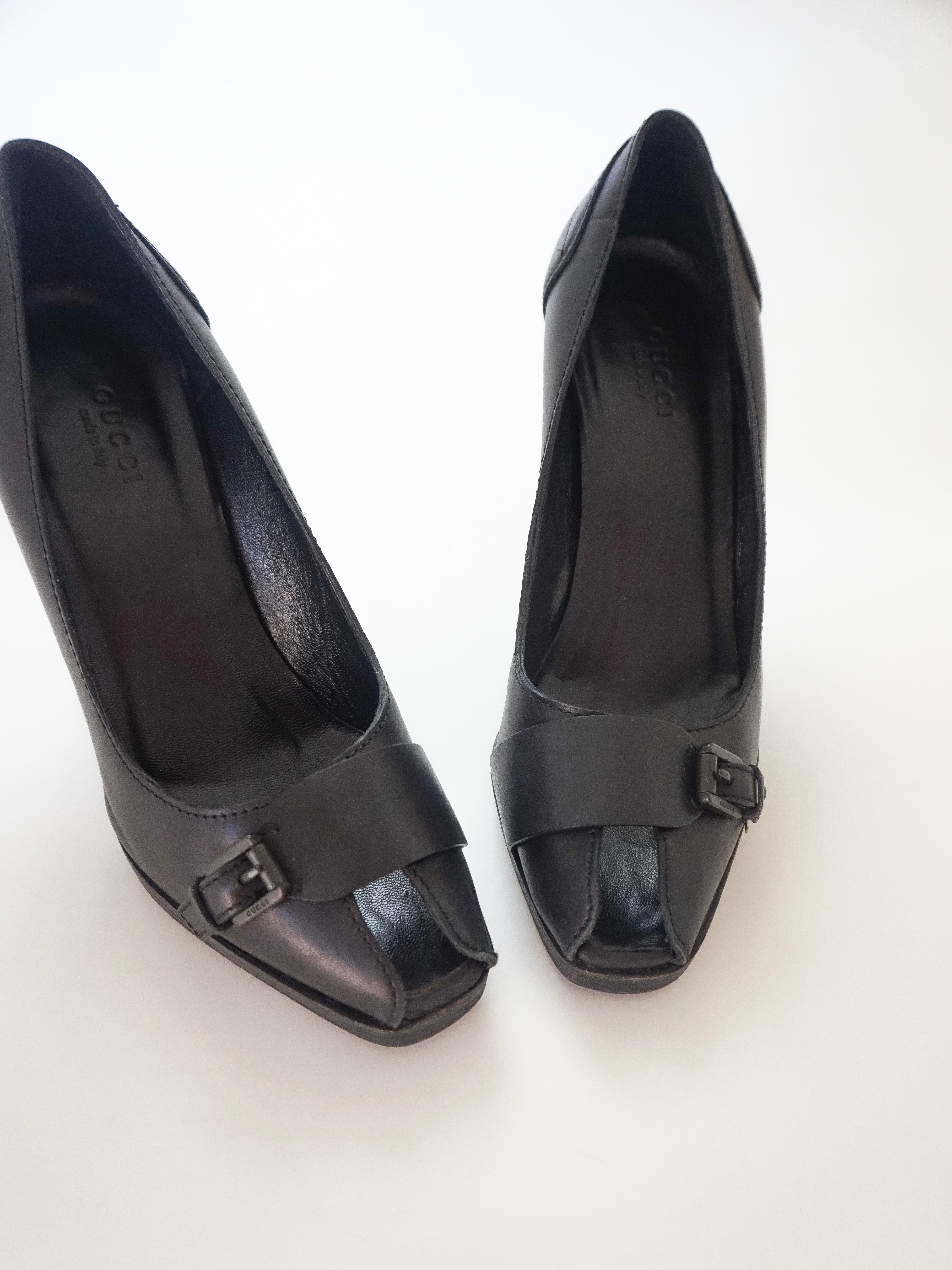 Gucci Black Leather Buckle Silver Heel Peep-Toe High Heels (US 6)
