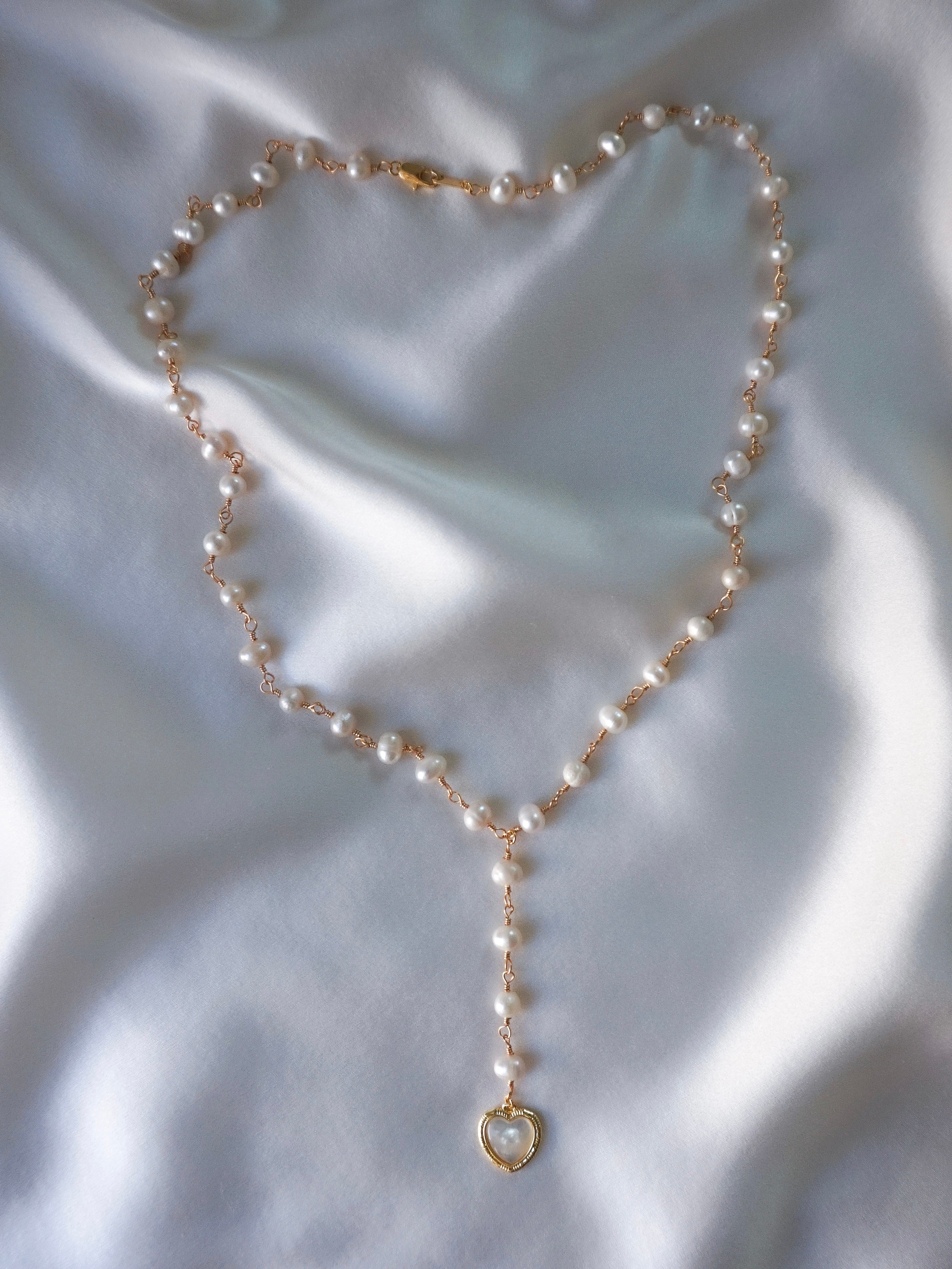 Freshwater Pearl Heart Pendant Beaded Lariat Necklace