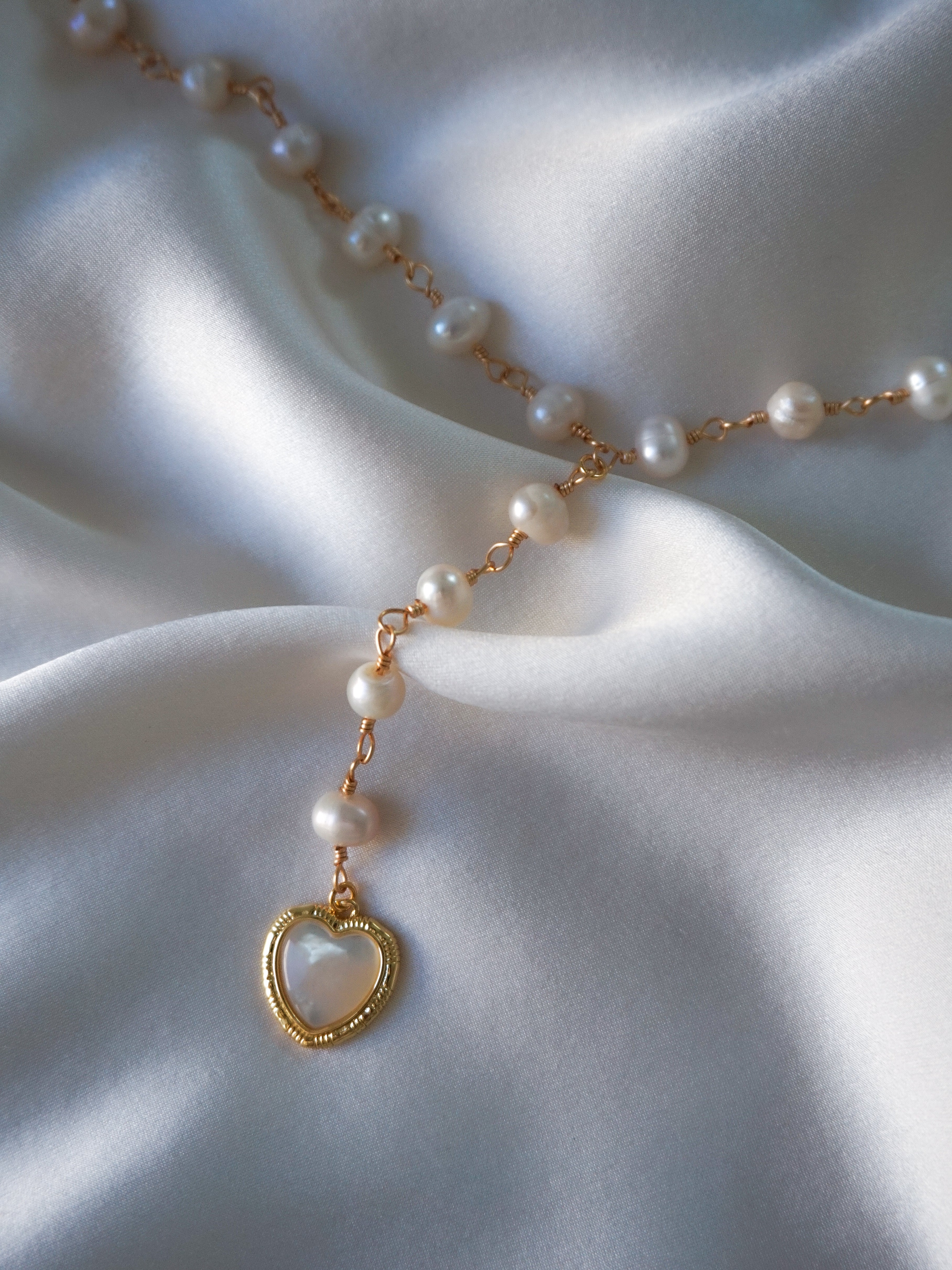 Freshwater Pearl Heart Pendant Beaded Lariat Necklace