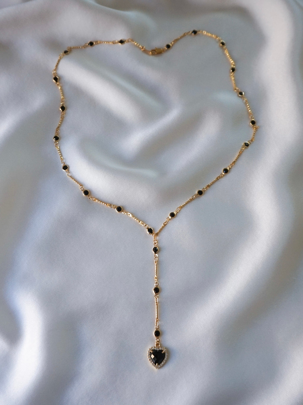 Black Onyx Heart Pendant Lariat Necklace