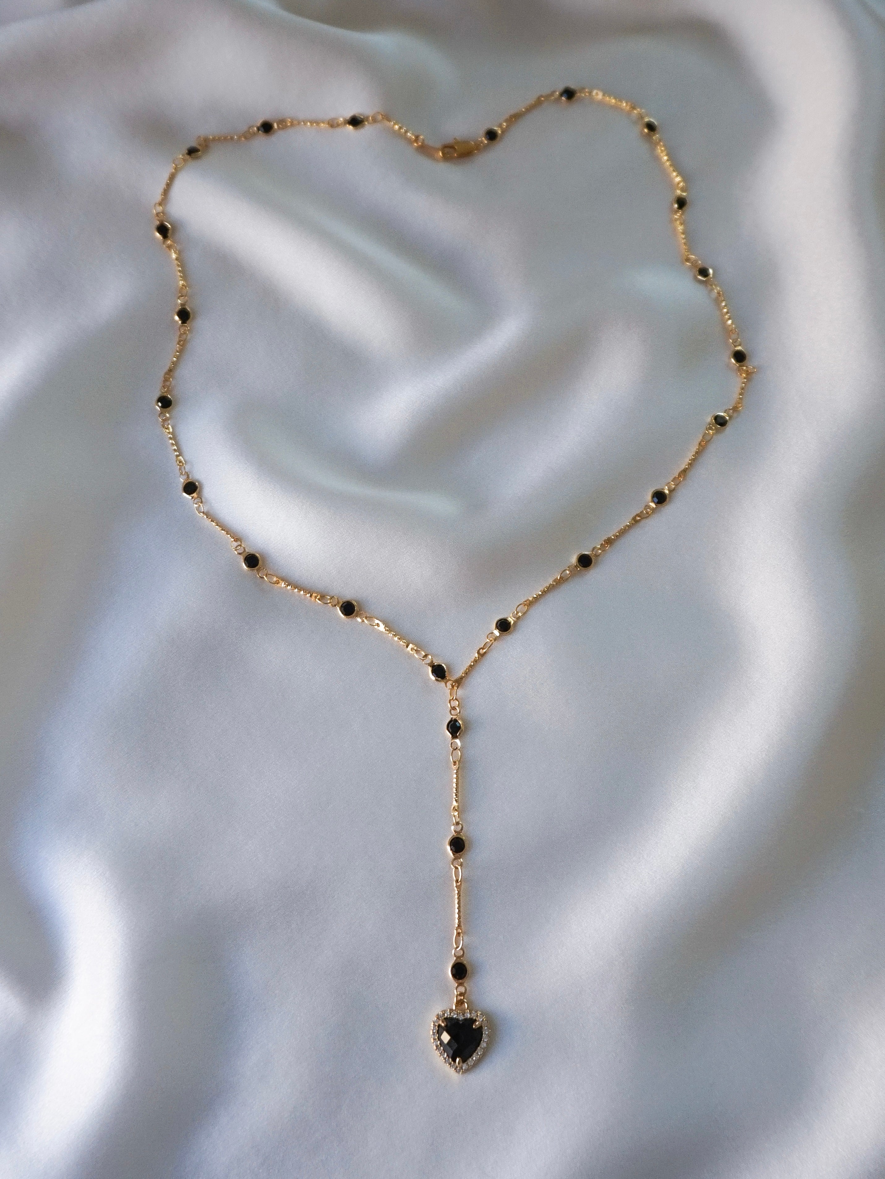 Black Onyx Heart Pendant Lariat Necklace