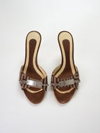 Vintage Y2K Givenchy Brown Cream Monogram Leather Silver Plate Chain Accent Open-Toe Kitten Heels (US 7 / 7.5)