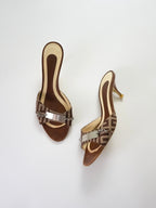 Vintage Y2K Givenchy Brown Cream Monogram Leather Silver Plate Chain Accent Open-Toe Kitten Heels (US 7 / 7.5)