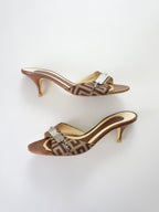 Vintage Y2K Givenchy Brown Cream Monogram Leather Silver Plate Chain Accent Open-Toe Kitten Heels (US 7 / 7.5)