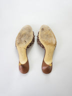 Vintage Y2K Givenchy Brown Cream Monogram Leather Silver Plate Chain Accent Open-Toe Kitten Heels (US 7 / 7.5)