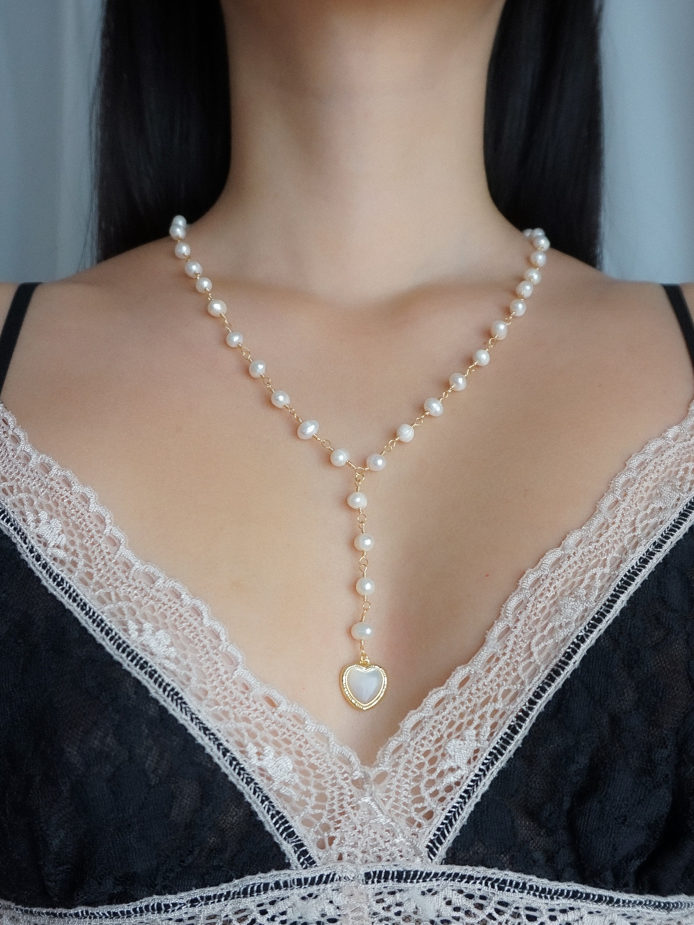 Freshwater Pearl Heart Pendant Beaded Lariat Necklace