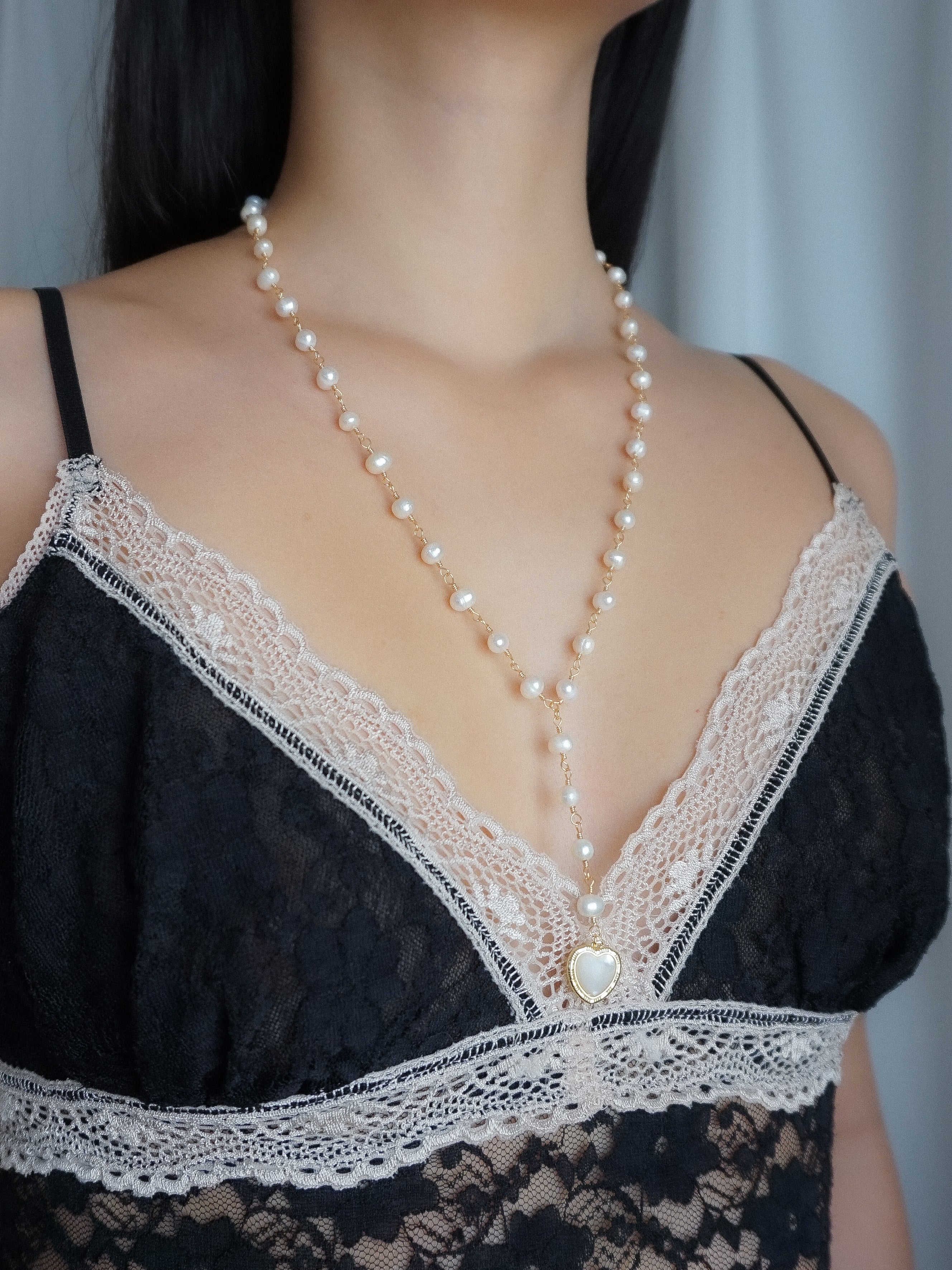 Freshwater Pearl Heart Pendant Beaded Lariat Necklace