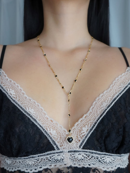 Black Onyx Heart Pendant Lariat Necklace
