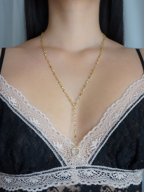Clear Crystal Heart Pendant Lariat Necklace