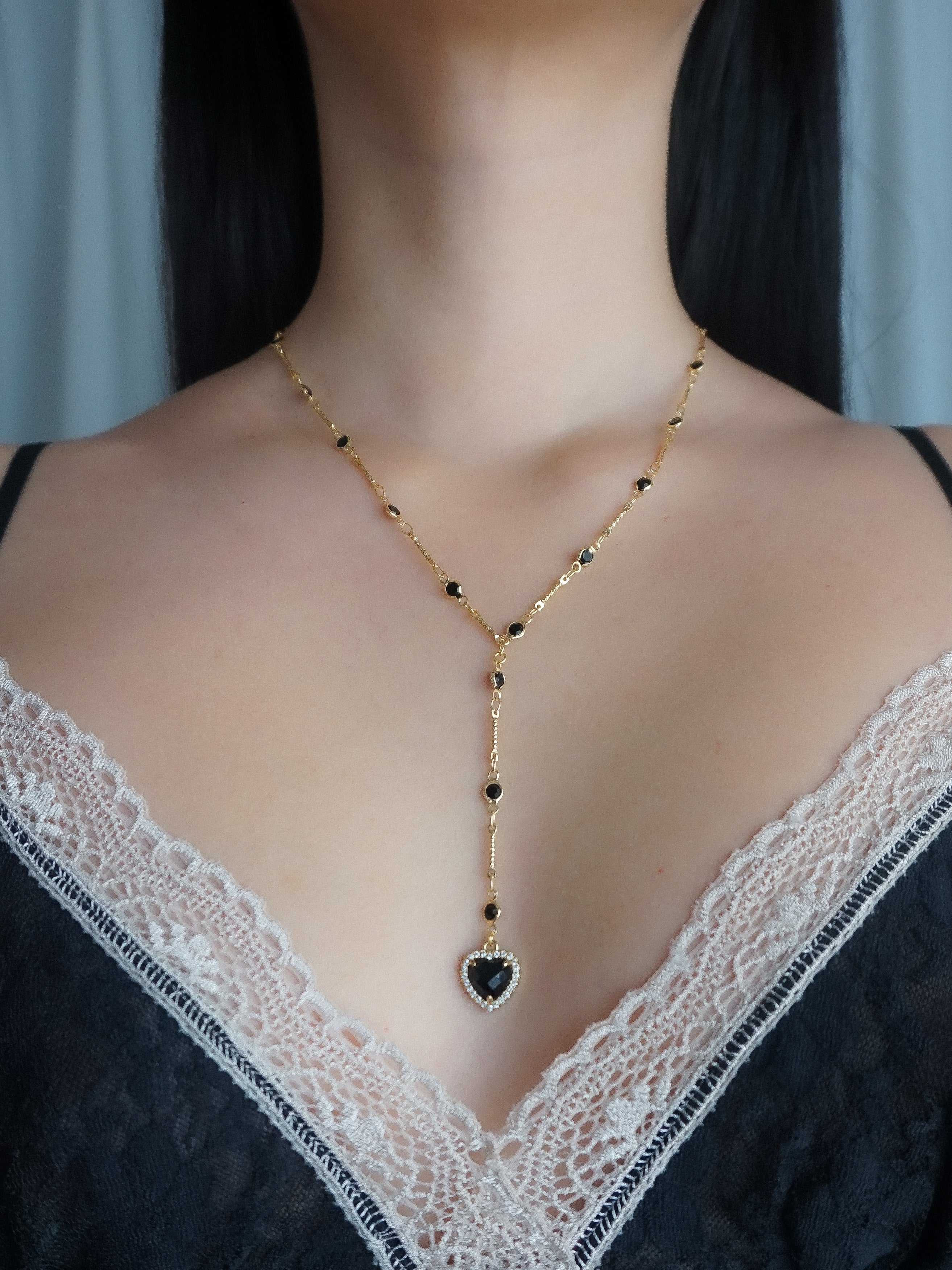 Black Onyx Heart Pendant Lariat Necklace