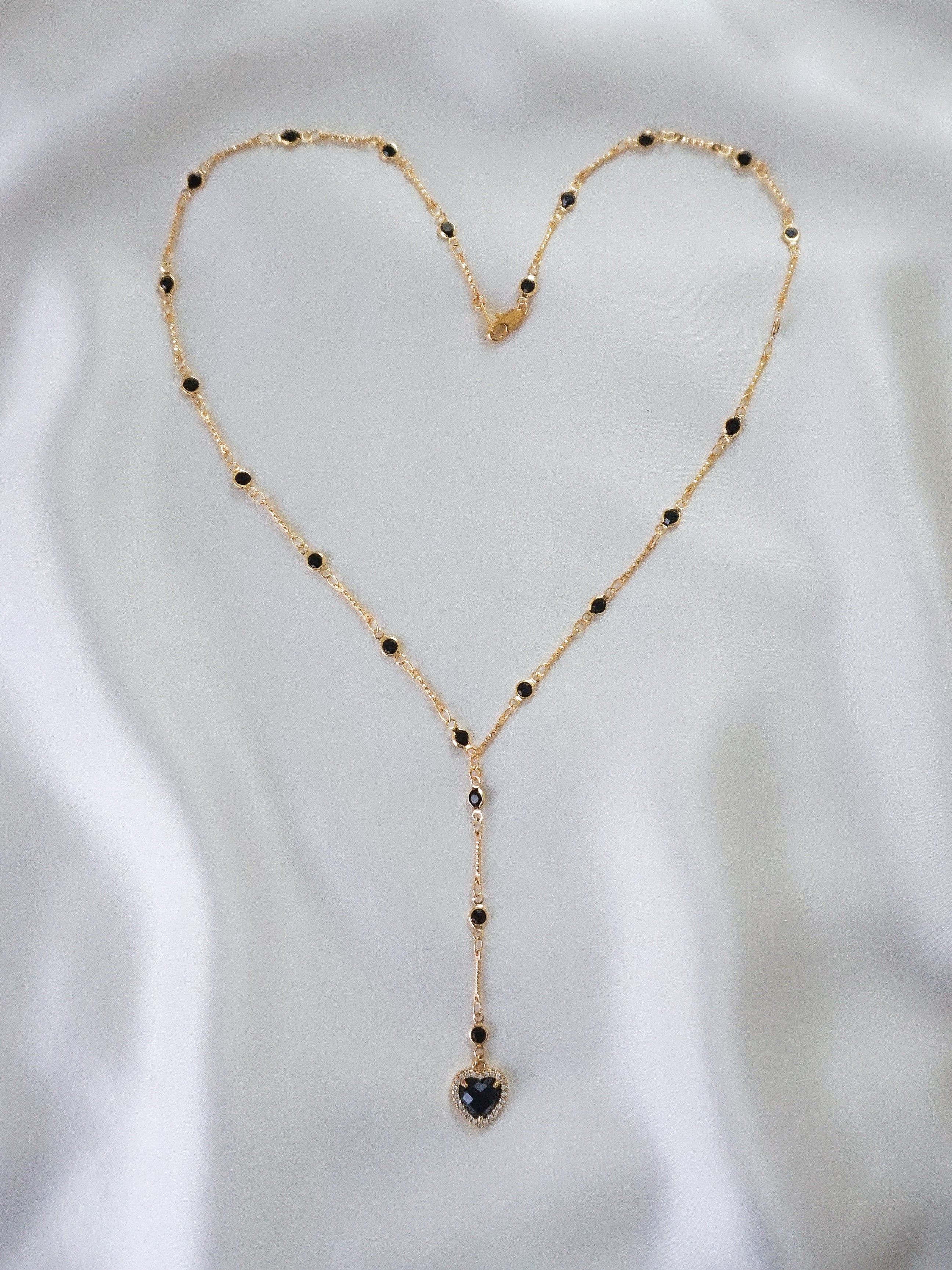 Black Onyx Heart Pendant Lariat Necklace