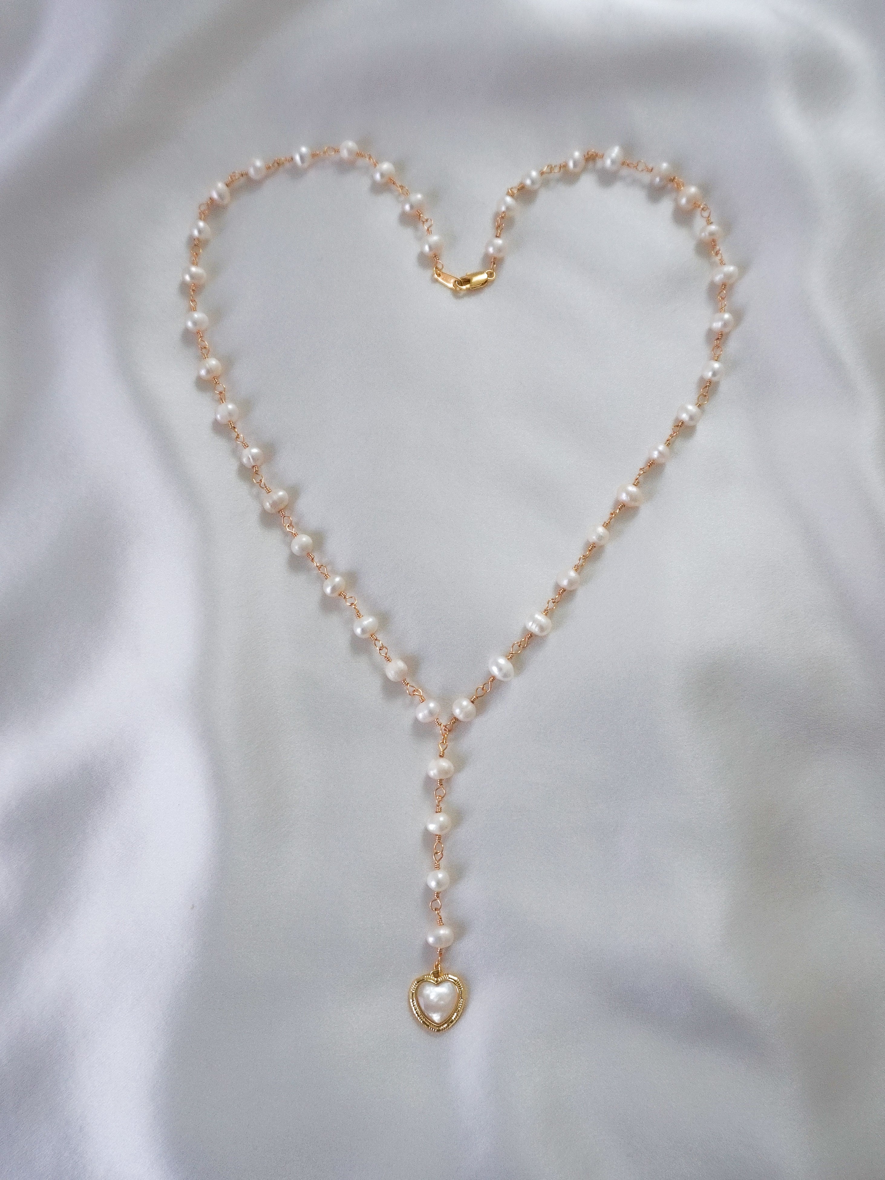 Freshwater Pearl Heart Pendant Beaded Lariat Necklace