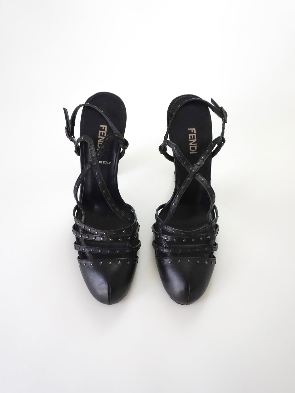 Fendi Black Leather Studded Strappy Slingback Round Closed-Toe Block High Heels (US 5.5 / US 6)