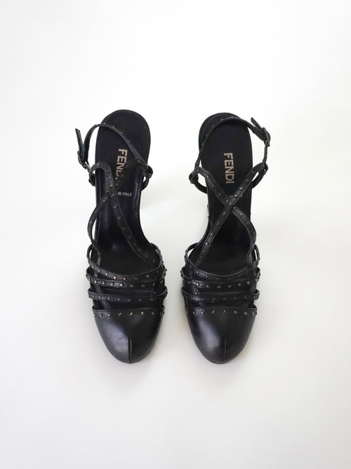 Fendi Black Leather Studded Strappy Slingback Round Closed-Toe Block High Heels (US 5.5 / US 6)