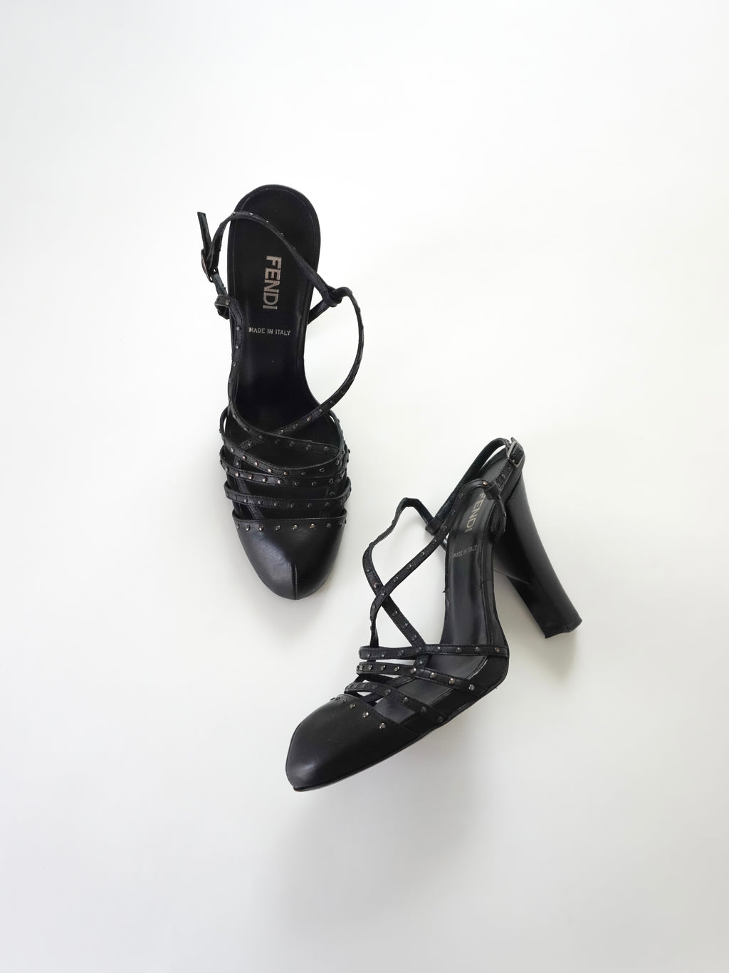 Fendi Black Leather Studded Strappy Slingback Round Closed-Toe Block High Heels (US 5.5 / US 6)