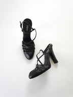 Fendi Black Leather Studded Strappy Slingback Round Closed-Toe Block High Heels (US 5.5 / US 6)