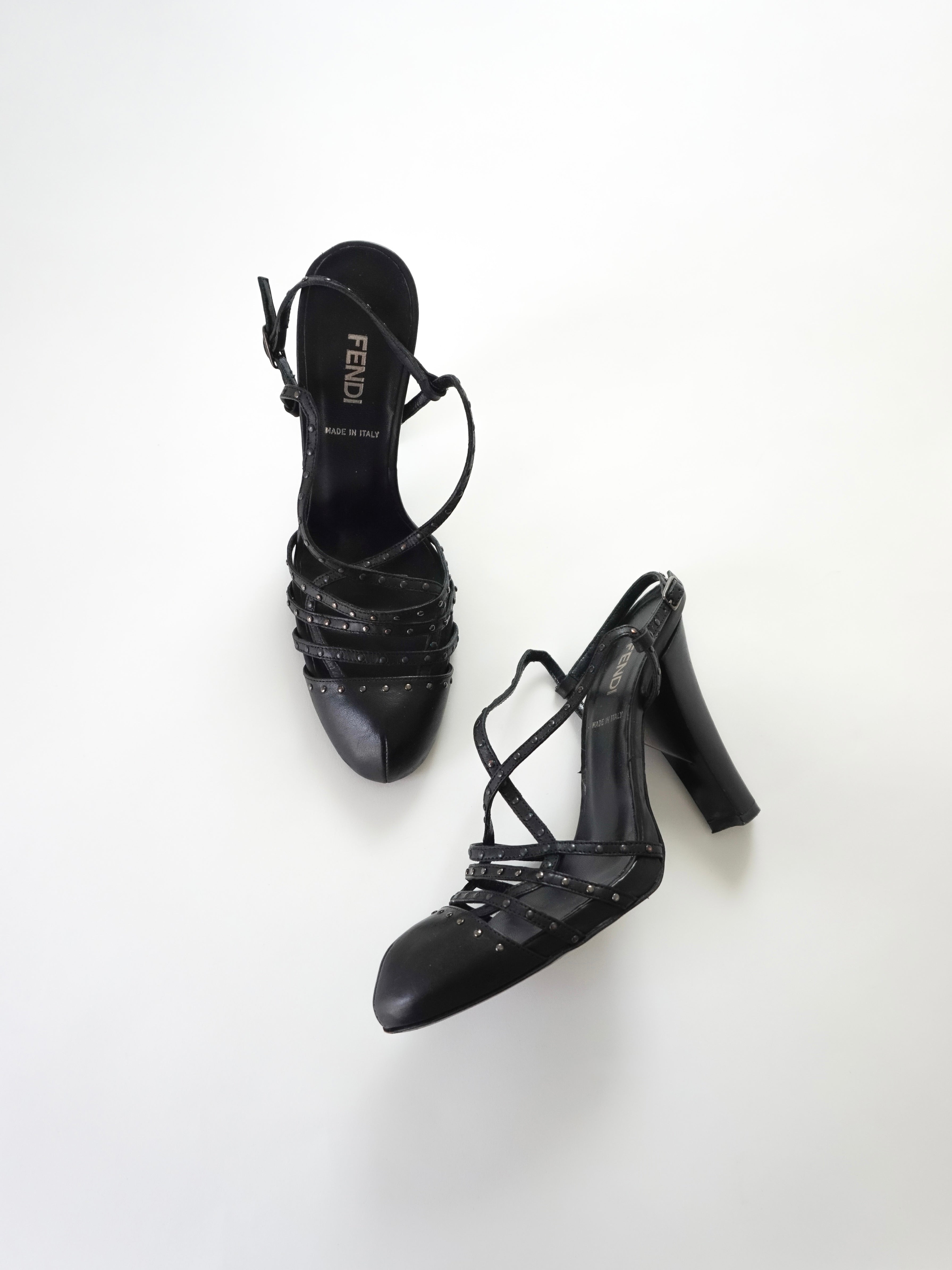 Fendi Black Leather Studded Strappy Slingback Round Closed-Toe Block High Heels (US 5.5 / US 6)