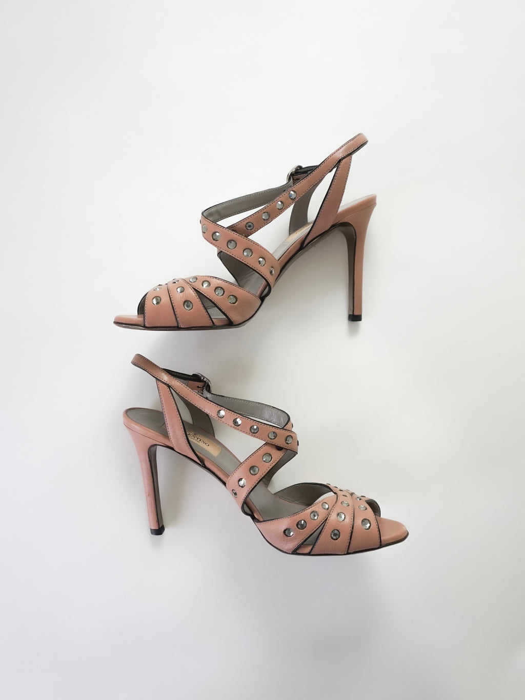 Valentino Garavani Blush Pink Crystal Rhinestones Leather Strappy Slingback Peep-Toe High Heels (US 6.5 / US 7)