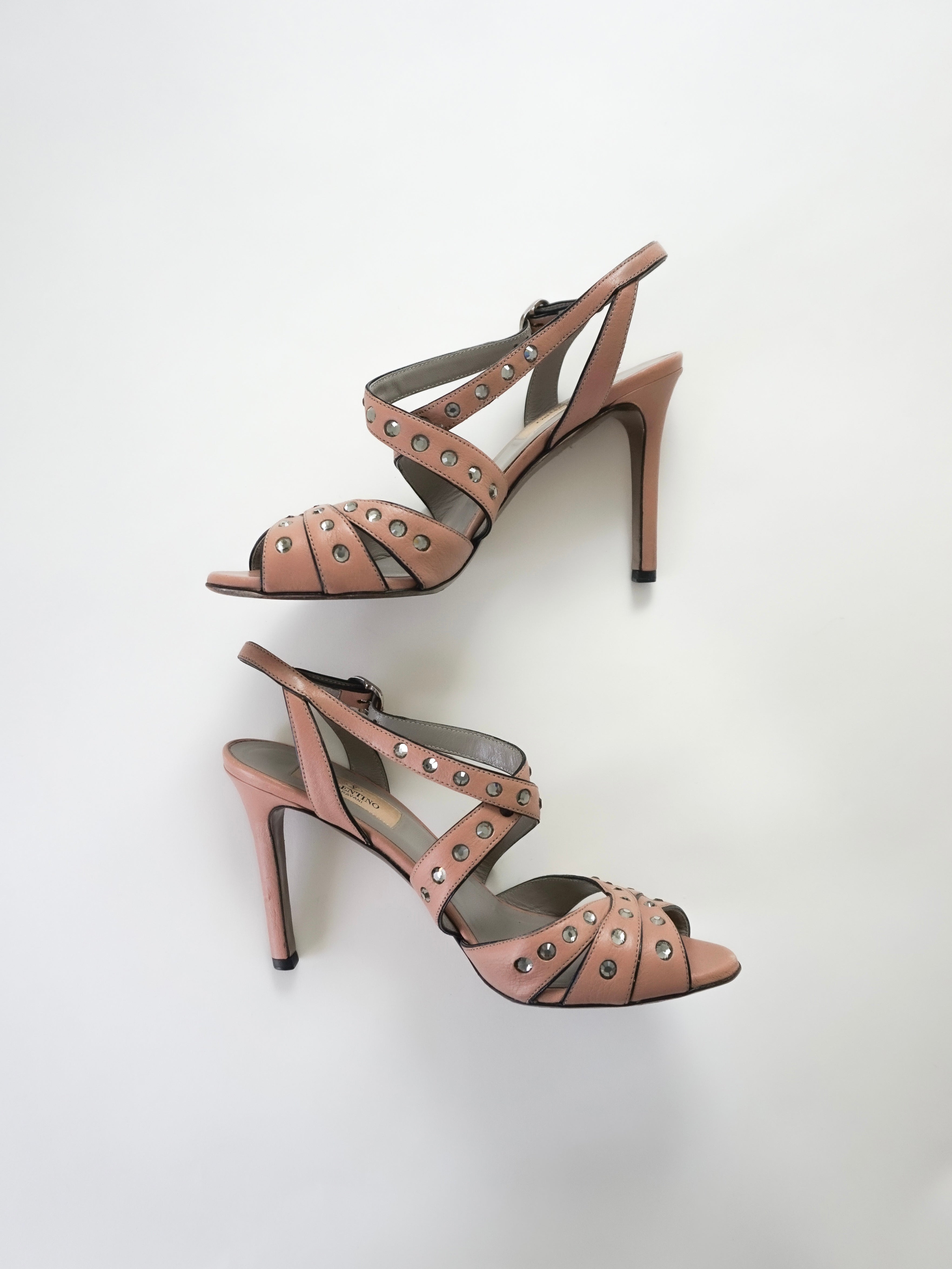 Valentino Garavani Blush Pink Crystal Rhinestones Leather Strappy Slingback Peep-Toe High Heels (US 6.5 / US 7)