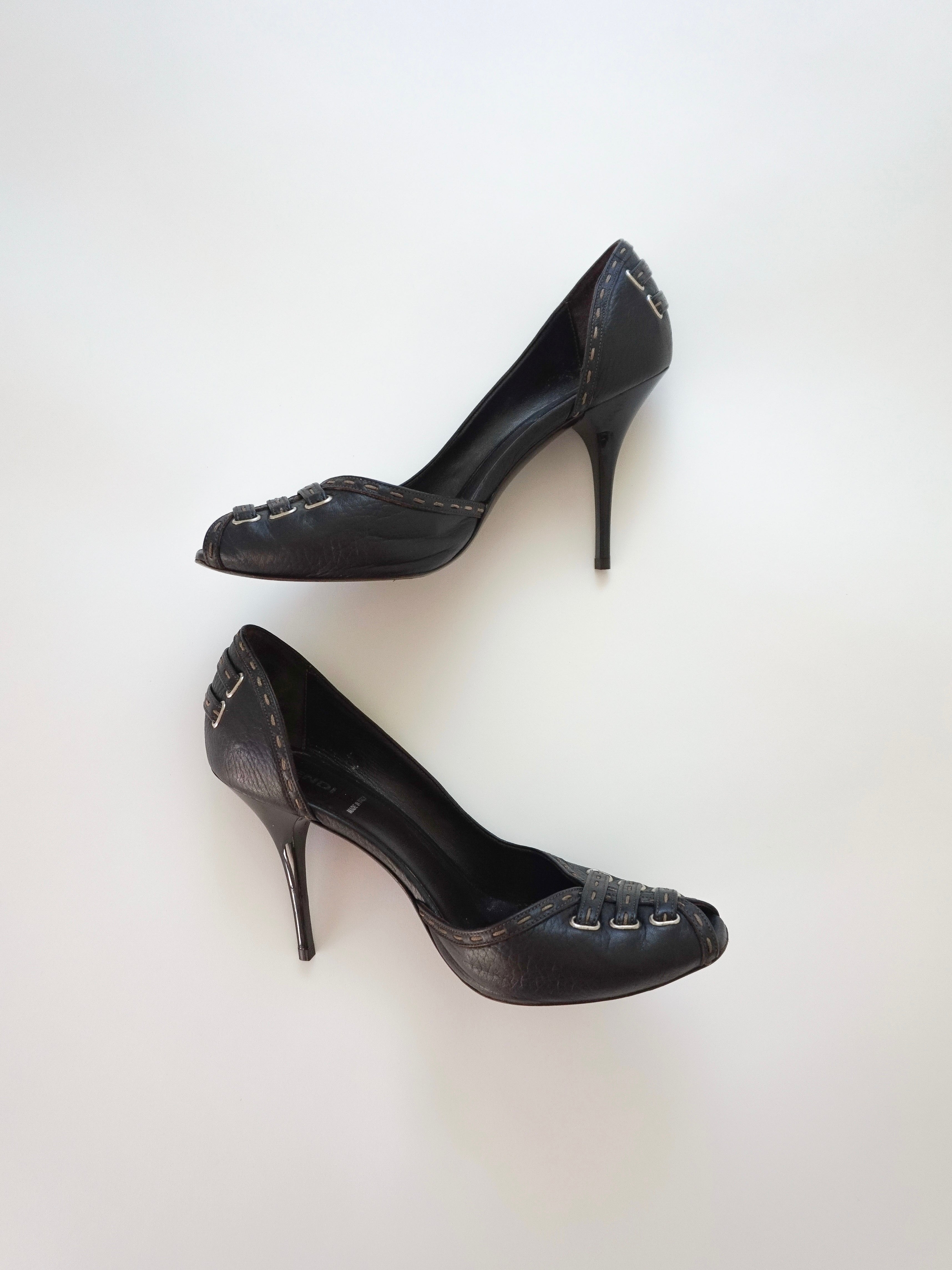 Fendi Dark Brown Contrast Stitch Leather D'Orsay Peep-Toe High Heels (US 8.5)