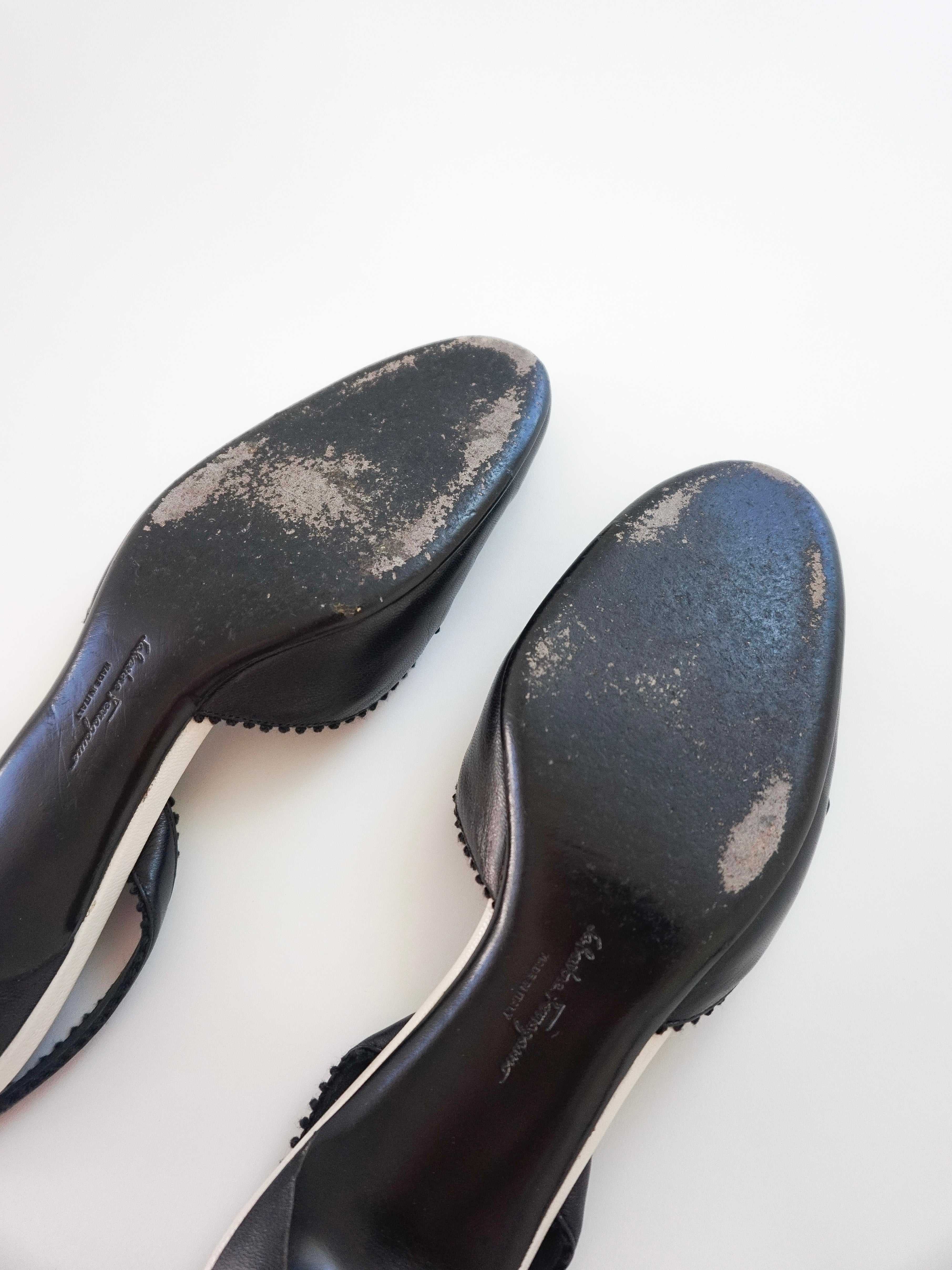 Salvatore Ferragamo Black White Mary Jane Strappy Leather Slingback Closed-Toe Kitten Heels (US 7 / US 7.5)