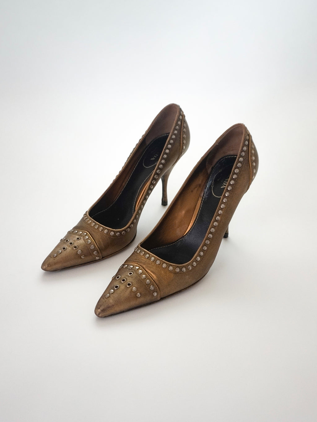 Vintage Prada Brown Bronze Gold Silver Studded Leather Pointed Toe High Heels (US 7)