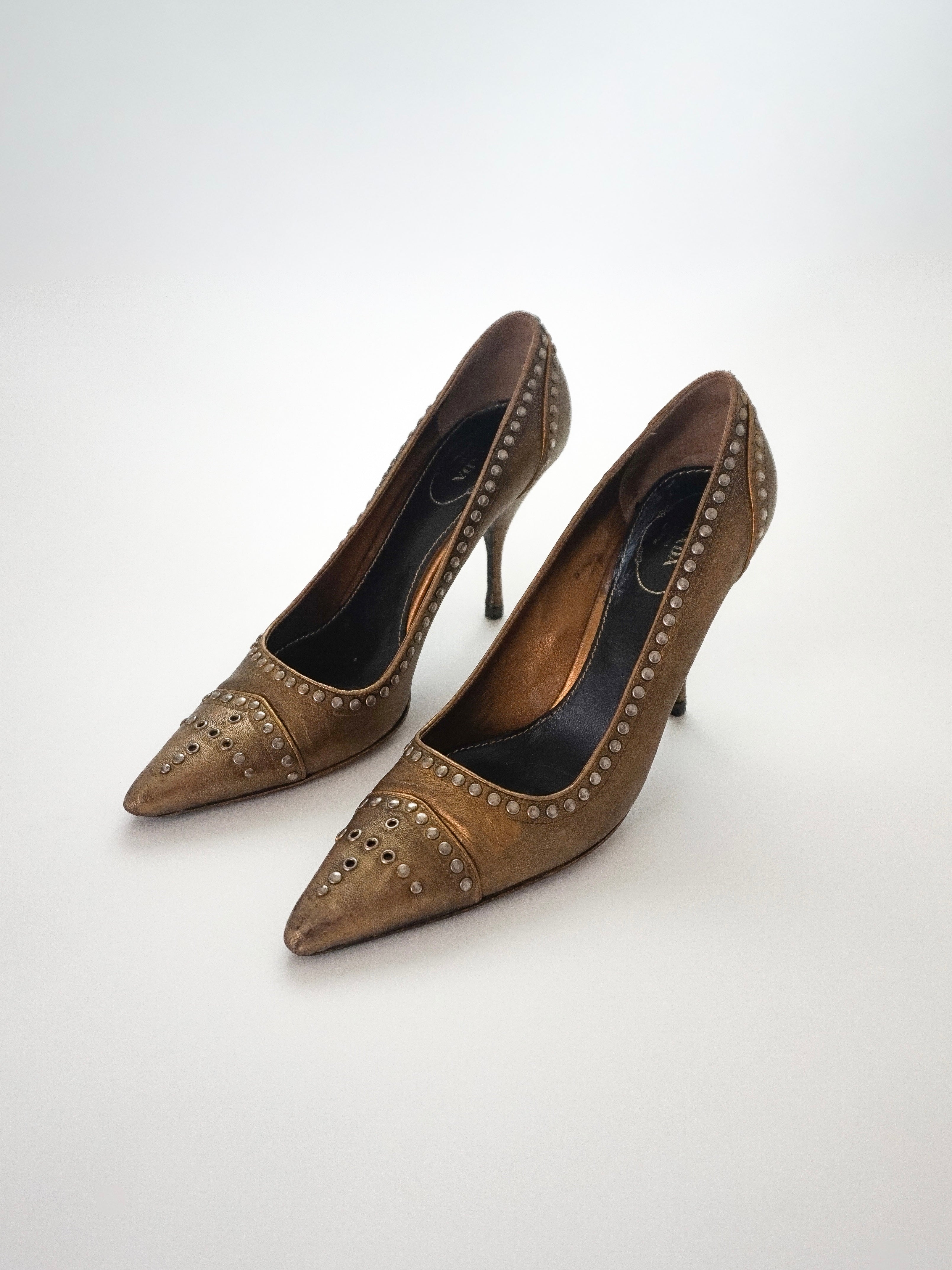 Vintage Prada Brown Bronze Gold Silver Studded Leather Pointed Toe High Heels (US 7)