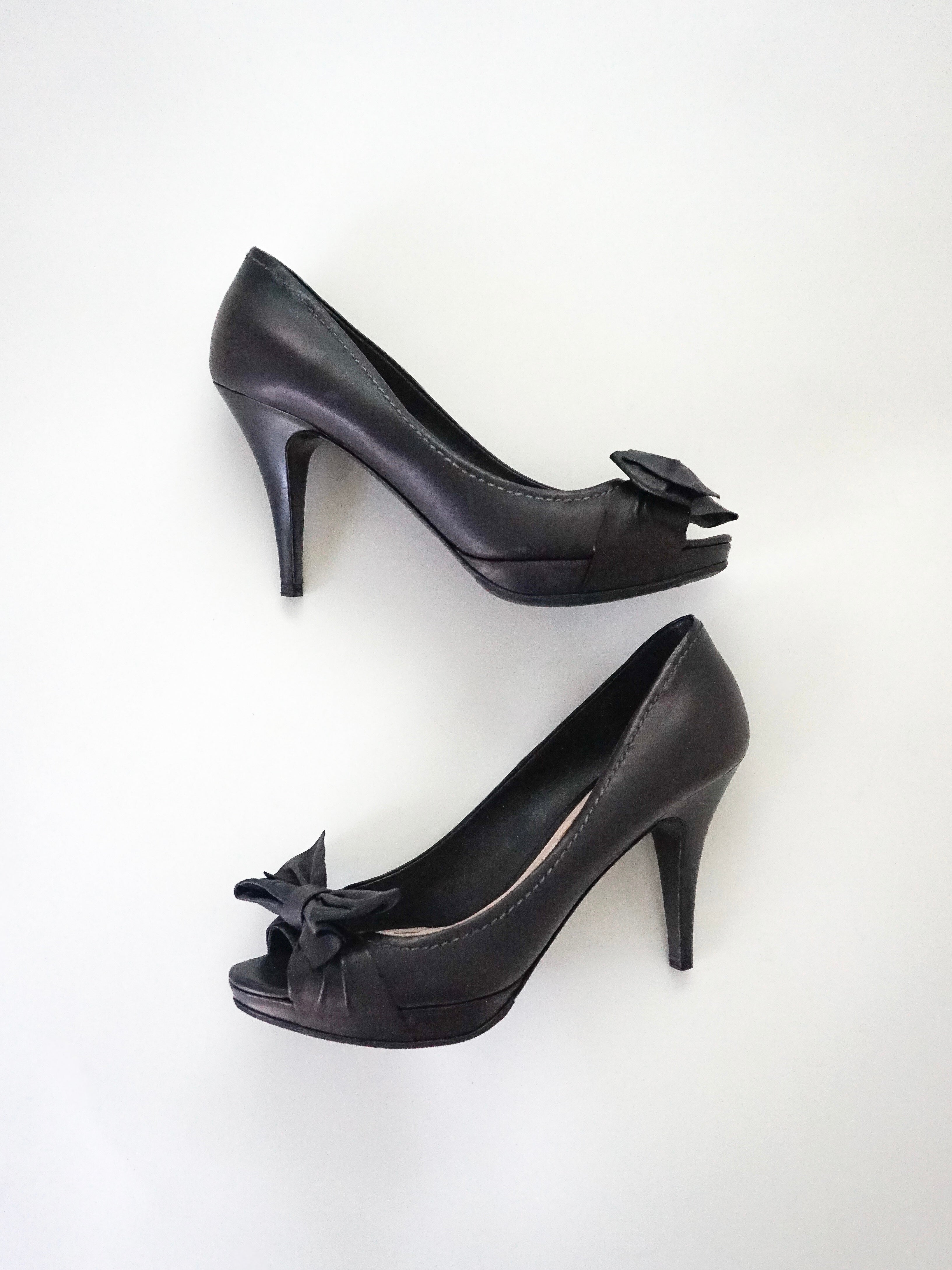 Miu Miu Black Leather Bow Platform Peep-Toe High Heels (US 9.5 / US 9)