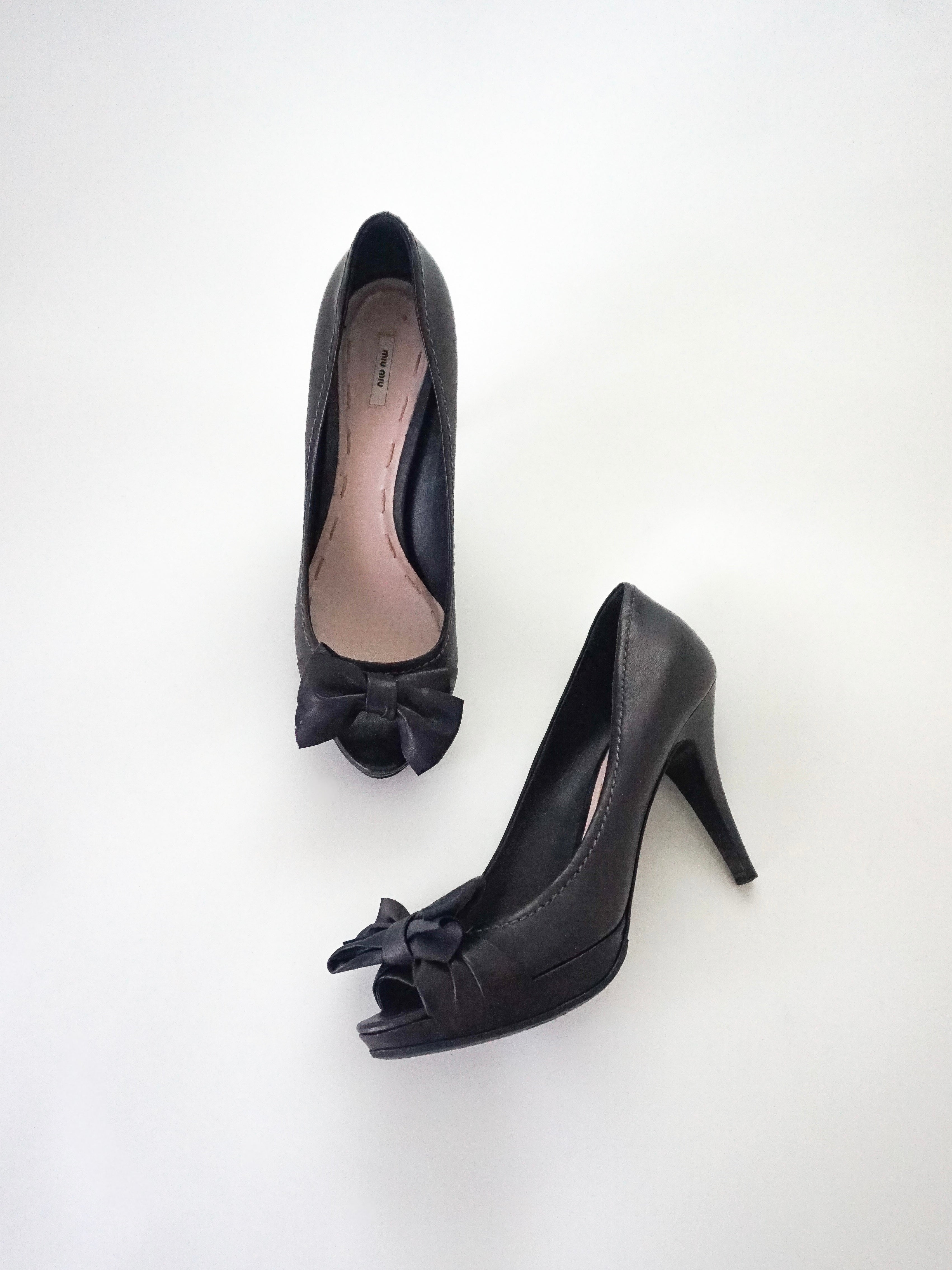 Miu Miu Black Leather Bow Platform Peep-Toe High Heels (US 9.5 / US 9)