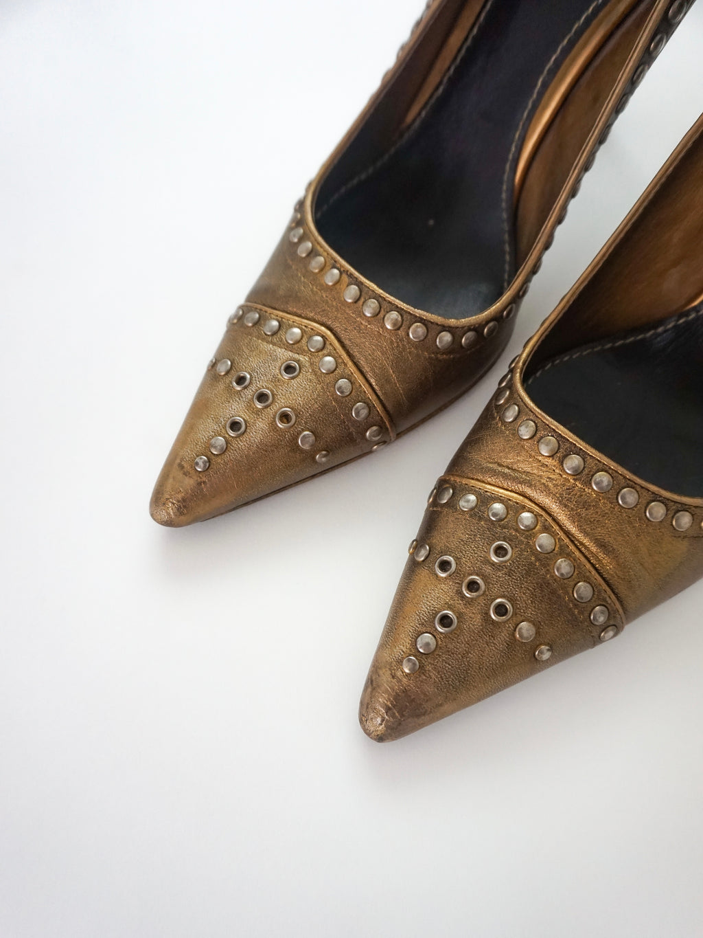 Vintage Prada Brown Bronze Gold Silver Studded Leather Pointed Toe High Heels (US 7)