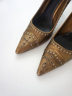 Vintage Prada Brown Bronze Gold Silver Studded Leather Pointed Toe High Heels (US 7)